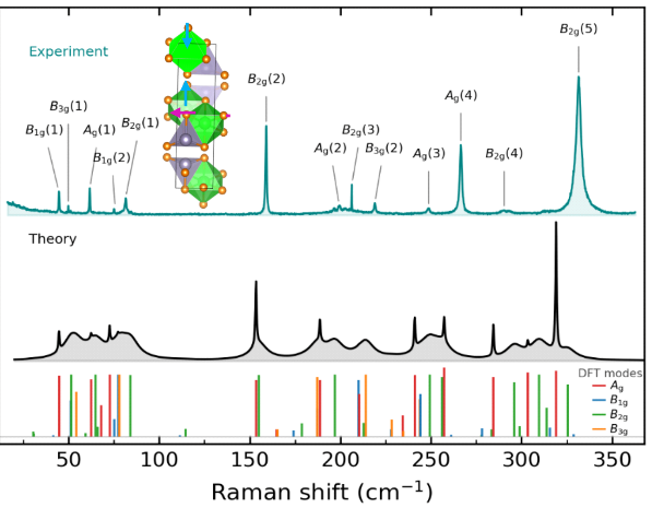 Measured and first-principles Raman spectra of ZrSnS3 with symmetry-labelled phonon modes.